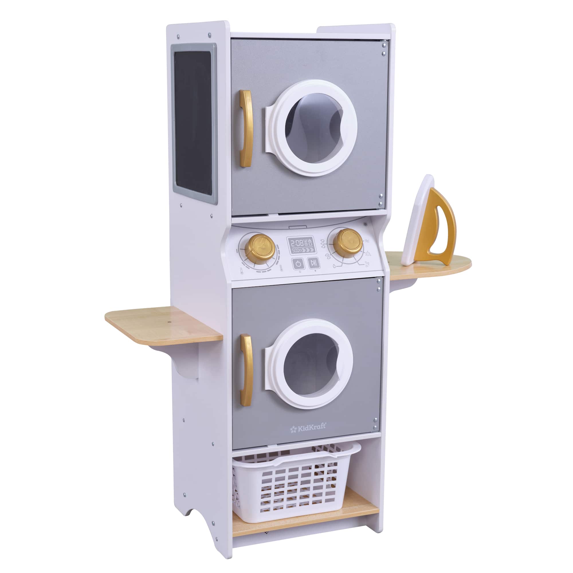 KidKraft White Wooden Laundry Play Set, Stacking Washer & Dryer with Iron & Basket